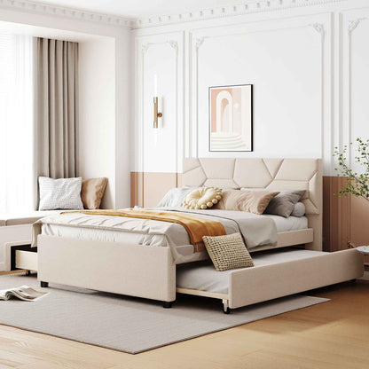 Full Size Upholstered Platform Bed , with Twin Size Trundle and 2 Drawers, Linen Fabric, Beige