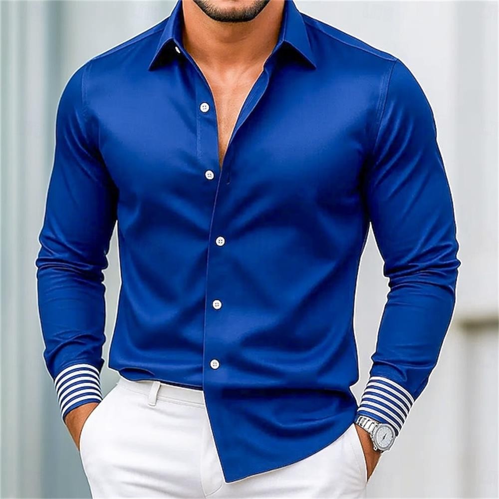 Fashionable men's long sleeved shirt with slim fit collar button solid color casual party plus size men's shirt