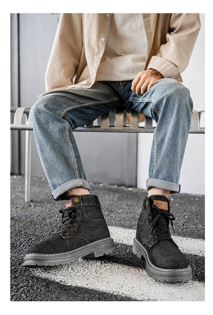 Retro blue men's denim boots, lace-up thick-soled boots, men's ankle boots, casual men's work shoes, Botas Hombre, size 48