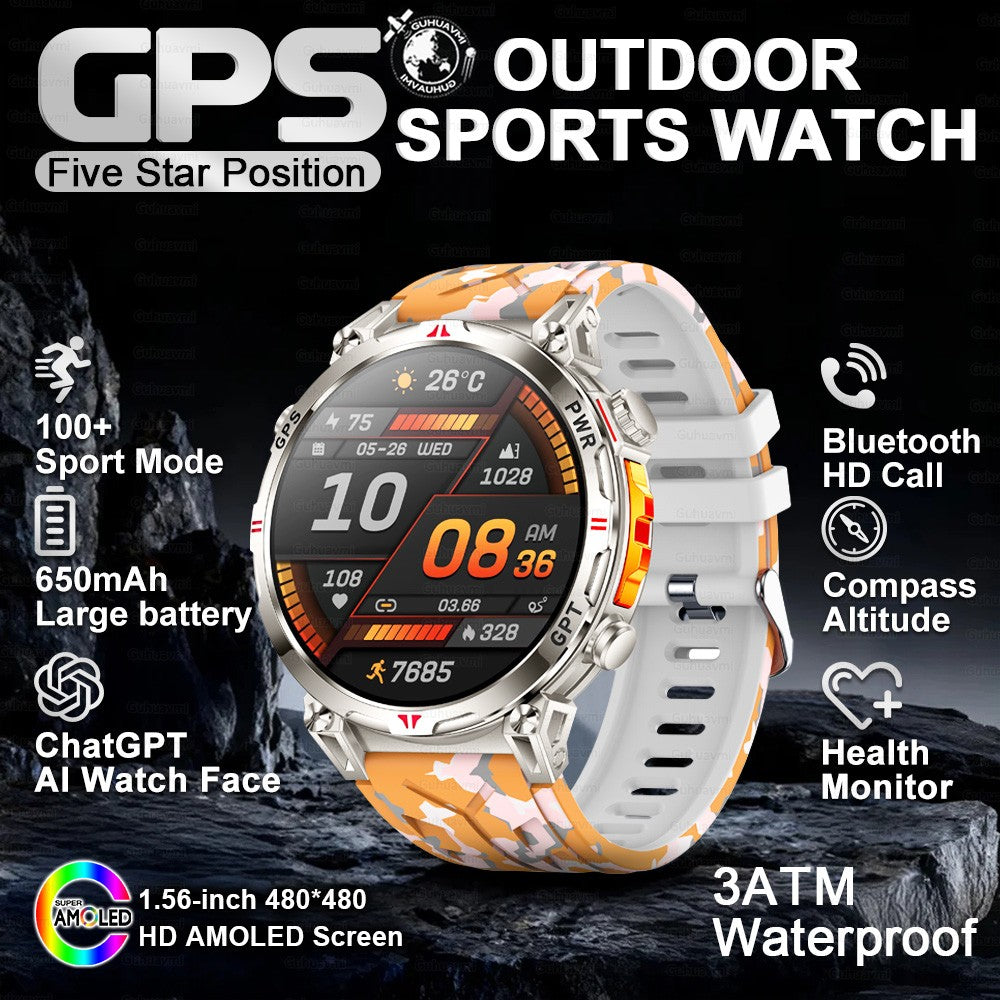 2025 Novo Relógio Inteligente Militar GPS para Exteriores Masculino 650mAh Bússola Altímetro 10ATM à Prova D'água Frequência Cardíaca Chamada Esportiva Smartwatch