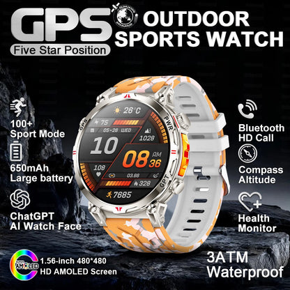 2025 Novo Relógio Inteligente Militar GPS para Exteriores Masculino 650mAh Bússola Altímetro 10ATM à Prova D'água Frequência Cardíaca Chamada Esportiva Smartwatch