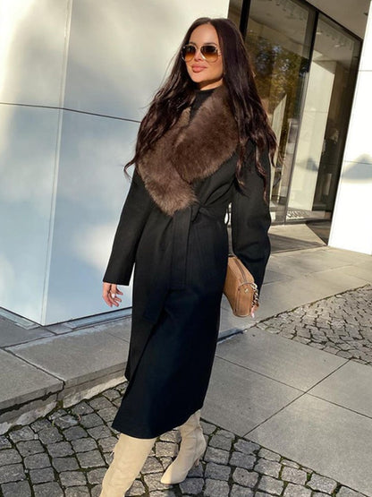 Solid Fur Collar Woolen Maxi Coat Women Fashion Lapel Full Sleeve Lace Up Pocket Loose Long Jacket Lady Autumn Daily Street Wear