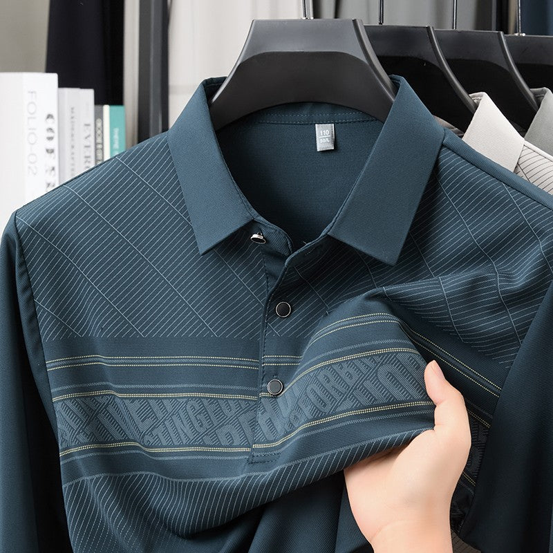 TFETTERS Elegant T Shirt for Man 2025 Spring Autumn Tops Long Sleeve Turn Down Collar Graphic Smart Casual T-shirt for Men