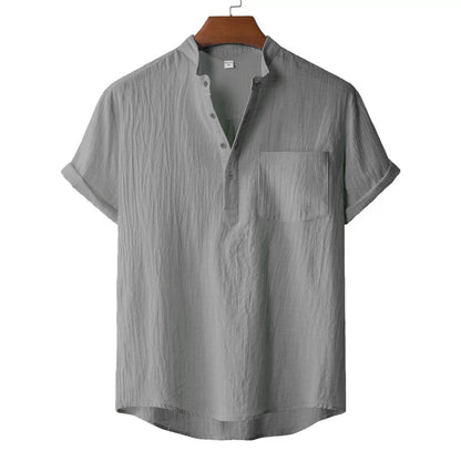 Men's Summer Cotton Linen T-shirt Beach Style Short SLeeve Henley Neck Vacation Hawaii Casual Lightweight Breathable Cozy Tops