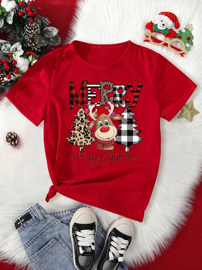 Casual Women Christmas T Shirt Fashion Cute Deer Leopard Christmas Tree Print T-shirt Cartoon Printed Short Sleeve Female T-Shir