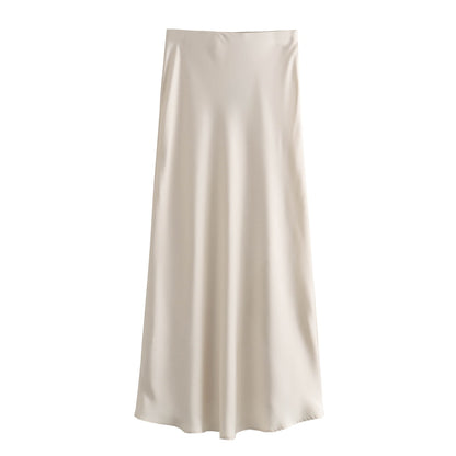 XNWMNZ Women's Fashion 2023 Flowing Satin Midi Skirt Women Vintage Elastic High