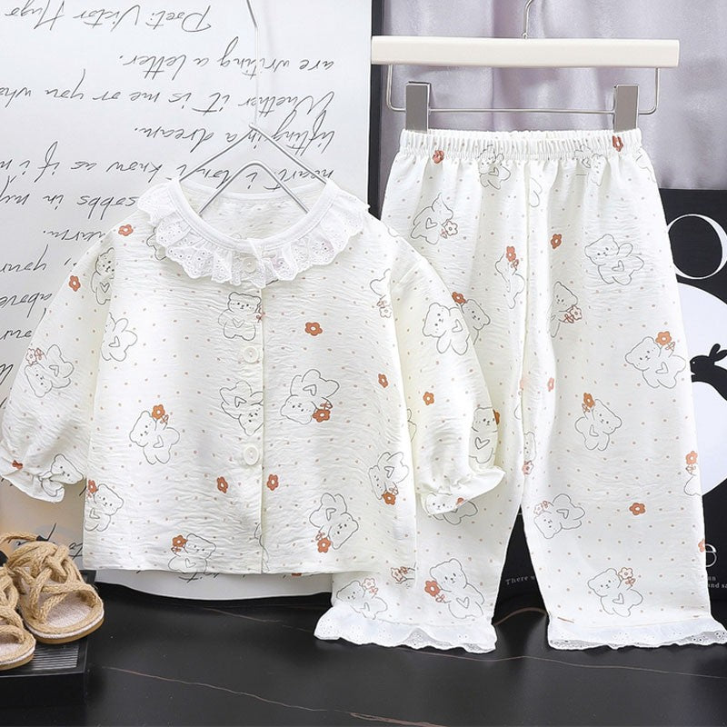 Kids Home Clothes 2Pcs Set Baby Loose Pajamas Fashion Girl Lace Floral Print Sleepwear Children Air Conditioner Long Sleeve Pant