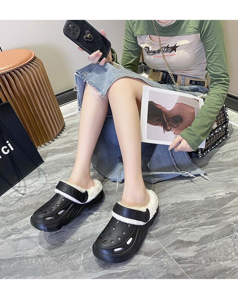 Plush slippers 2025 new winter men's and women's thick high heels soft-soled beach garden shoes home plush ripped slippers