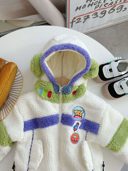 Jaqueta Infantil de Algodão Acolchoada Grossa Textura Premium com Capuz Contrastante de Cores da Disney Buzz Lightyear
