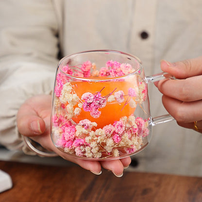 Copo de Vidro de Parede Dupla 200ml Transparente com Padrão de Flores Caneca de Chá Leite Café com Alça Presente para Amigos Copo de Água para Casa