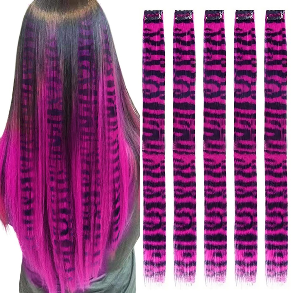 Faixa Sintética Estampada com Presilha Cabelo Colorido Longo Liso Pedaços de Cabelo com Presilha Extensões para Uso Diário ou Natal