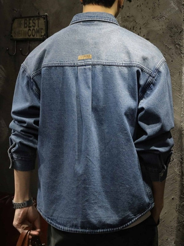 American Sle Heavyweight Men's Denim irt Loose Workwear Jaet Casual Long Sve Breathable Moisture ng Pure Color