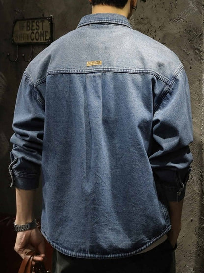 American Sle Heavyweight Men's Denim irt Loose Workwear Jaet Casual Long Sve Breathable Moisture ng Pure Color