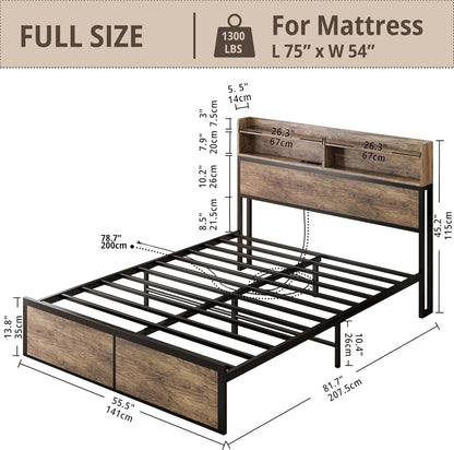 Estrutura de Cama de Casal com Cabeceira de Estante com Estação de Carregamento, Base para Colchão/Não Necessita de Box, Antiderrapante Wi