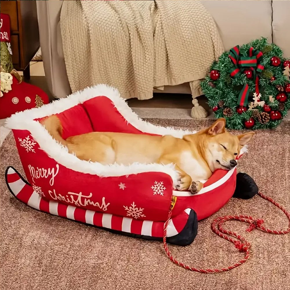 Cama Trenó de Natal Sofá Quente para Animais de Estimação de Pelúcia Removível e Lavável com Base Antiderrapante Ninho de Gato e Cachorro de Natal para Inverno Interno e Externo