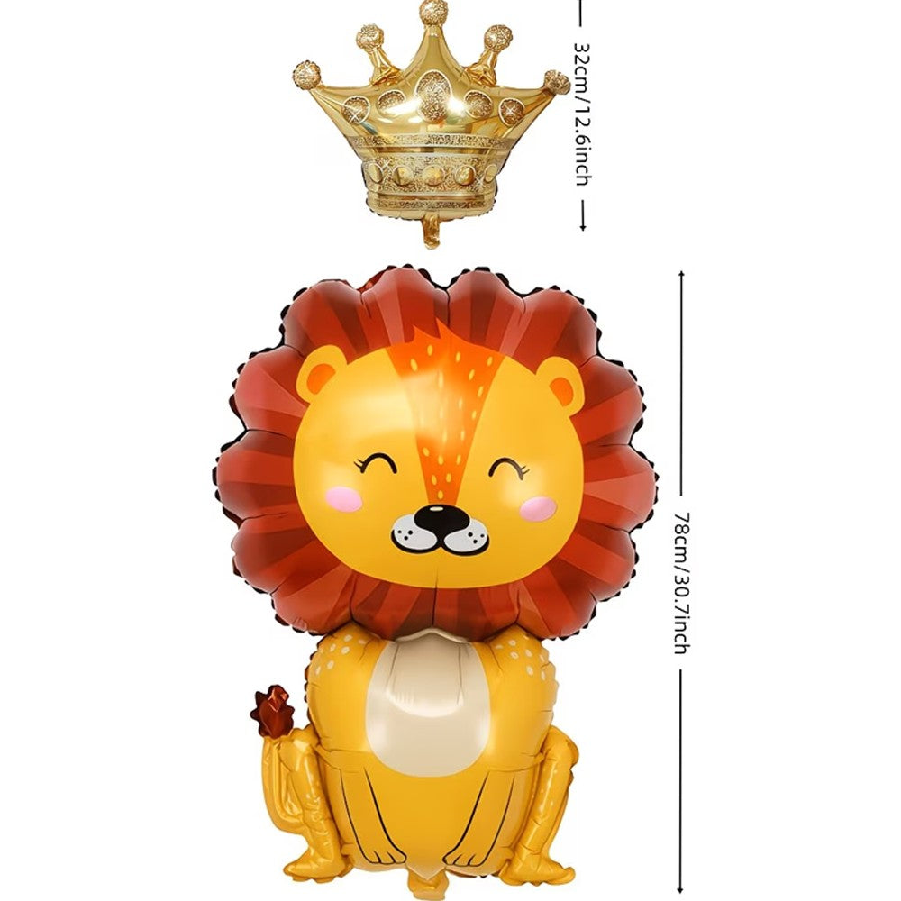 Cute Crown Little Lion King Foil Balloon, Cartoon Lion with Golden Crown Mylar Balloon for Jungle Safari Wild Animal Theme Birth