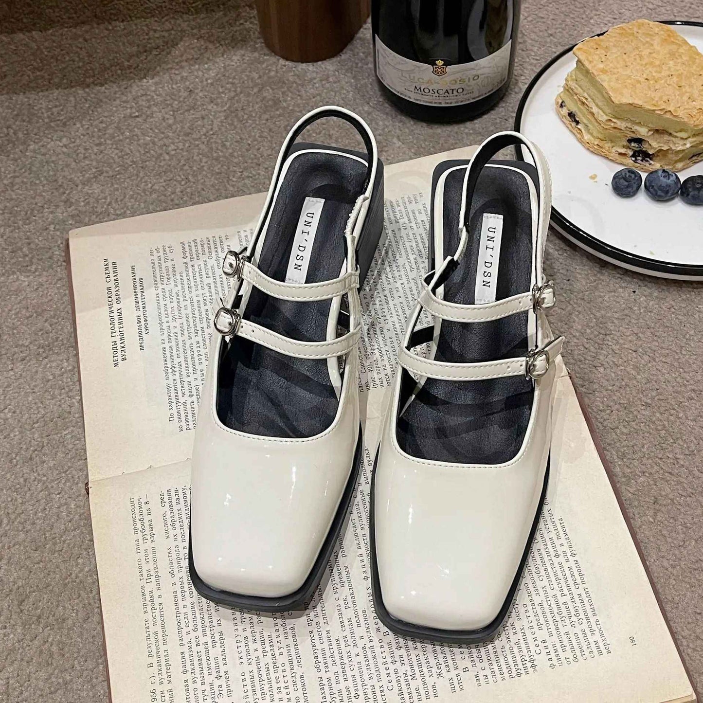 2024 Spring New Retro Small Leather Shoes Square Head Double Buckle Strap Mary Jane Thick Heels Sandals for Women