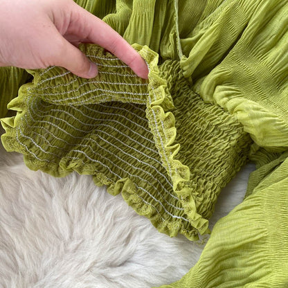 Summer Sexy Draped Chiffon Blouse For Women Elegant V-Neck Puff Long Sleeve Short Tops Female Slim Party Shirts 2022 New Fashion