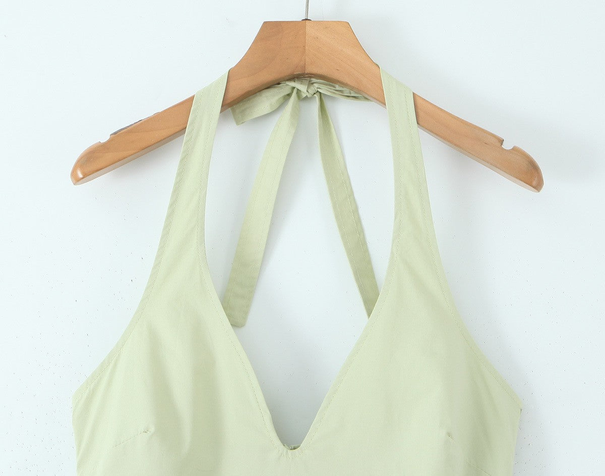 YENKYE Sexy Backless Green Elegant Halter Dress For Women Low Waist A-line Midi