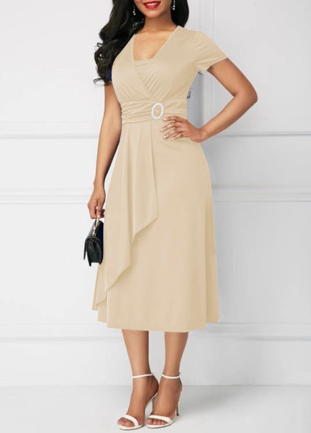 Summer Dresses Elegant Women Solid Color Short Sleeve V Neck Asymmetric Hem Wais