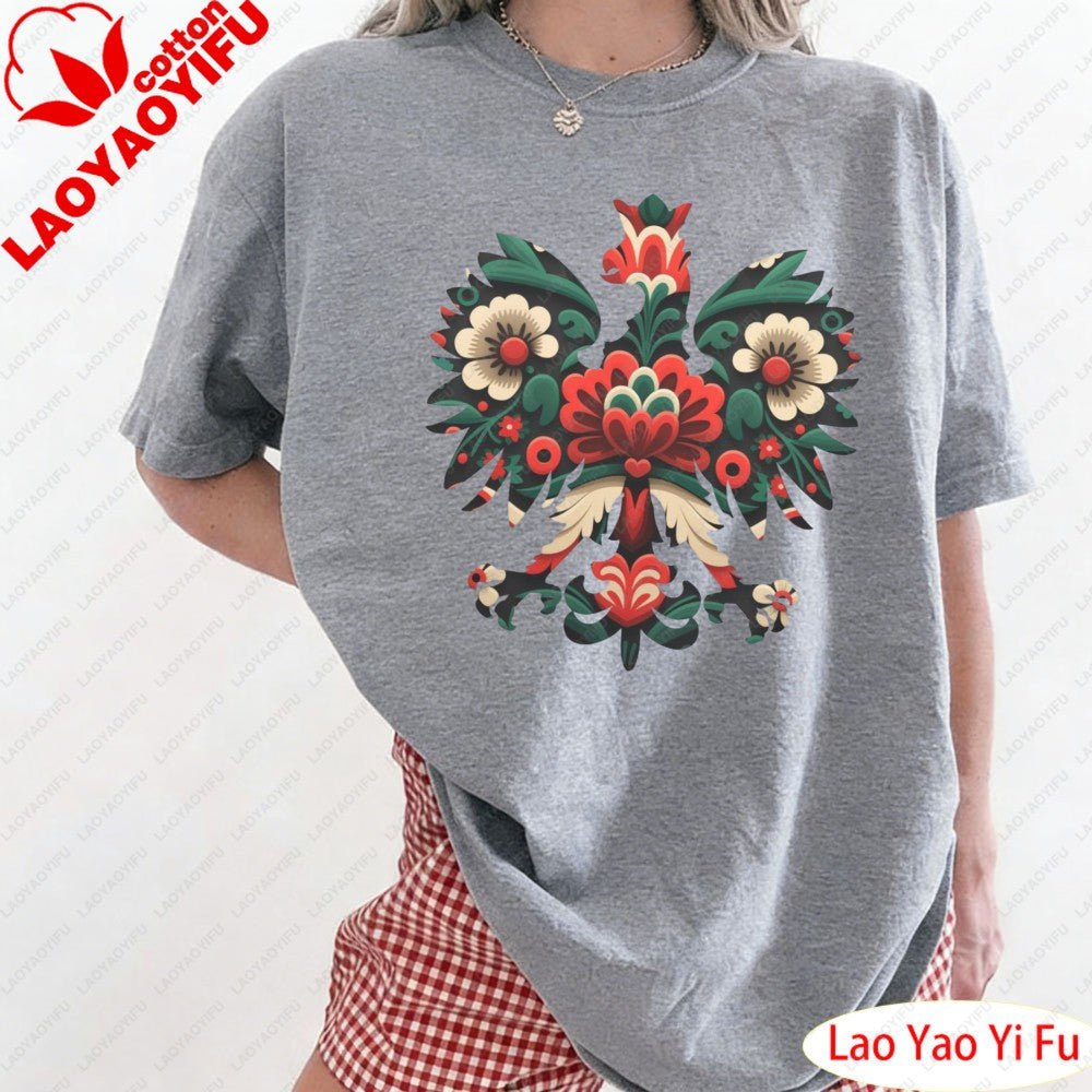 Polish Eagle Shirt Folk Art Christmas Design Clothes Botanical Flowers Tops Summer Women Retro Fashion Graphics Tees