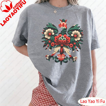 Polish Eagle Shirt Folk Art Christmas Design Clothes Botanical Flowers Tops Summer Women Retro Fashion Graphics Tees