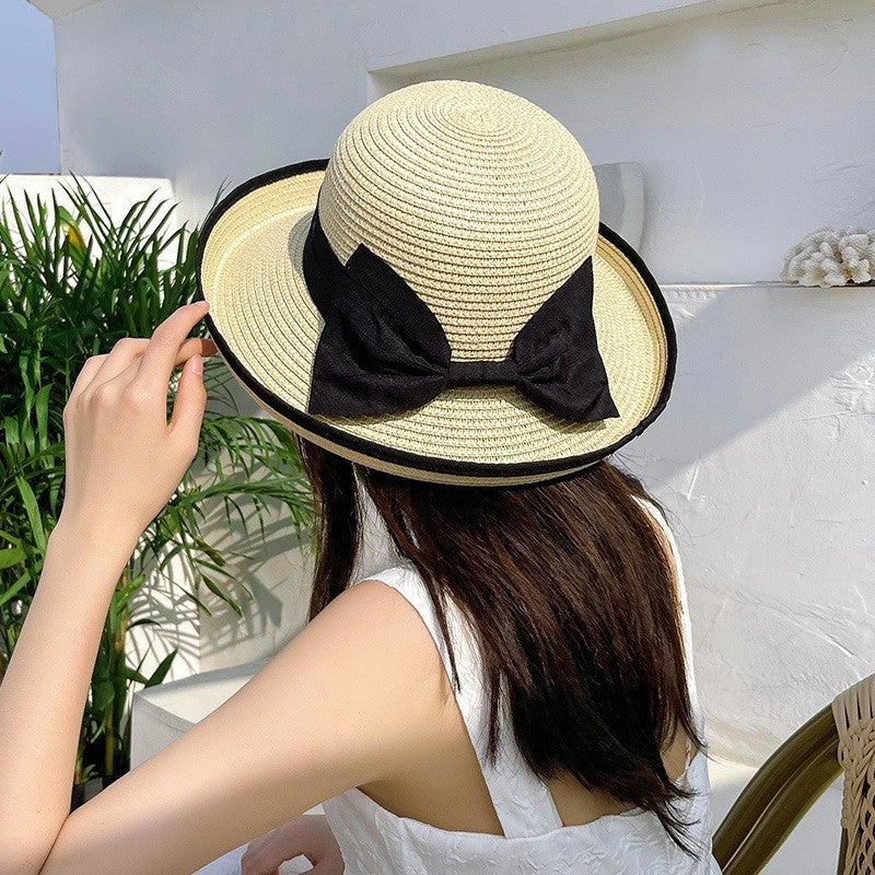 Chapéu de palha feminino de verão, edição coreana, com aba enrolada, elegante, com laço, chapéu de pesca para viagem, proteção solar e sombreamento, chapéu de praia