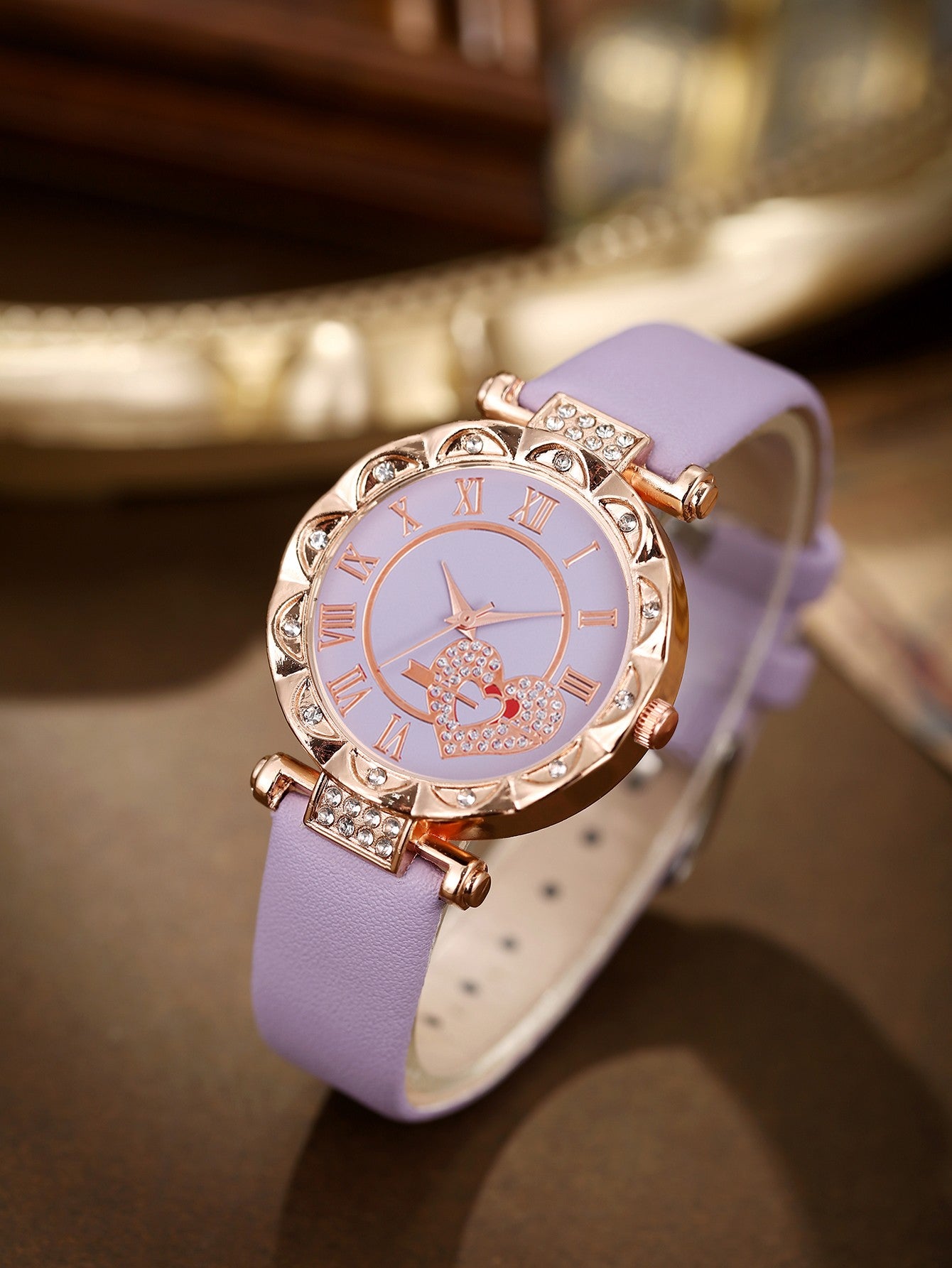 5PCS Wo5PCS Women's Love Set Diamond Dial Fashion men's Love Set Diamond Dial Fashion Versatile Alloy Case Pointer Leather Watch