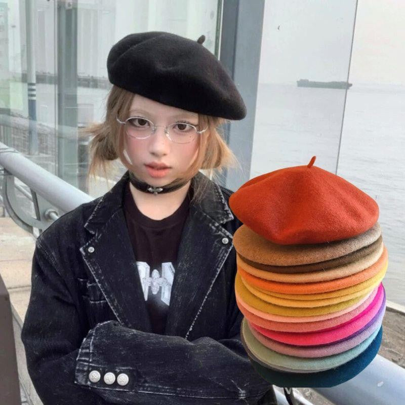 Women Girls Warm Wool Berets Hat Solid Color Retro Plain Cap All Matched Elegant French Artist Hat Lady Women Wool Berets