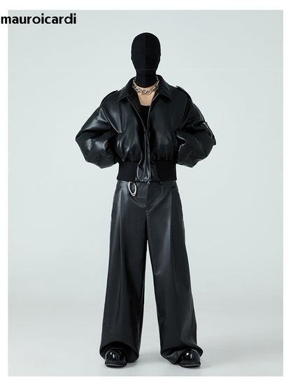 Mauroicardi Autumn Winter Short Thick Warm Black Pu Leather Jacket Men with Long Sleeve Zipper Casual Luxury Designer Clothes