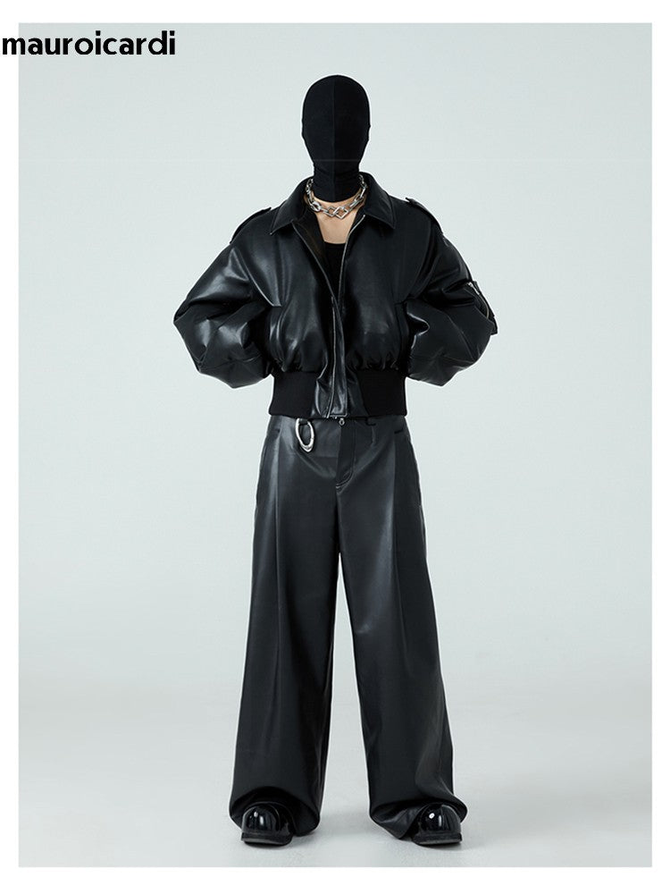 Mauroicardi Autumn Winter Short Thick Warm Black Pu Leather Jacket Men with Long Sleeve Zipper Casual Luxury Designer Clothes