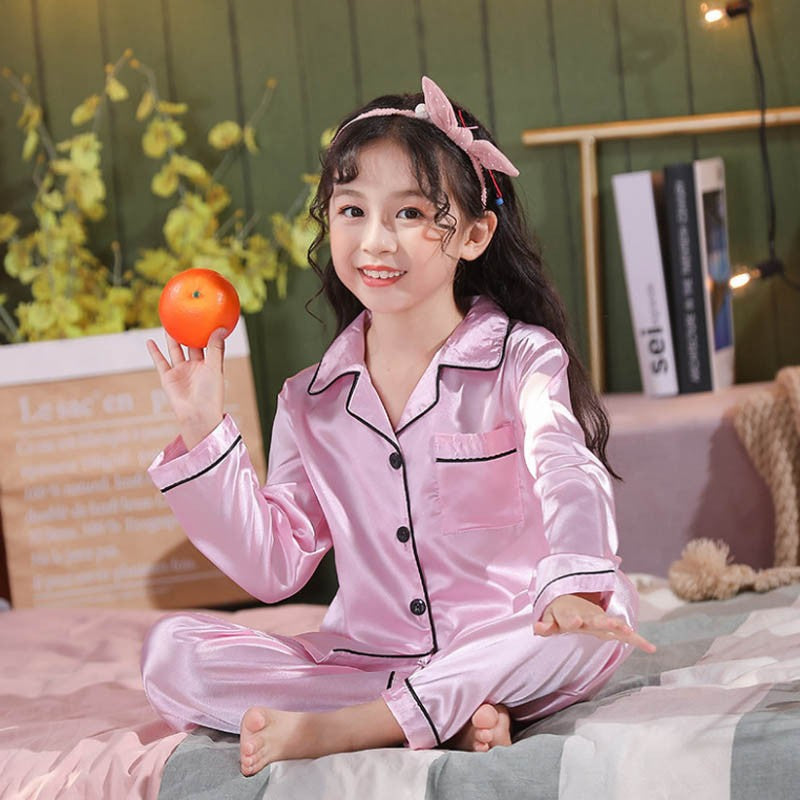 Girls Christmas Pajamas Children's Satin Silk Pajama Sets Girl Pink Satin Homewear Nightwear Loungewear Kids Clothes For 3-14Yrs