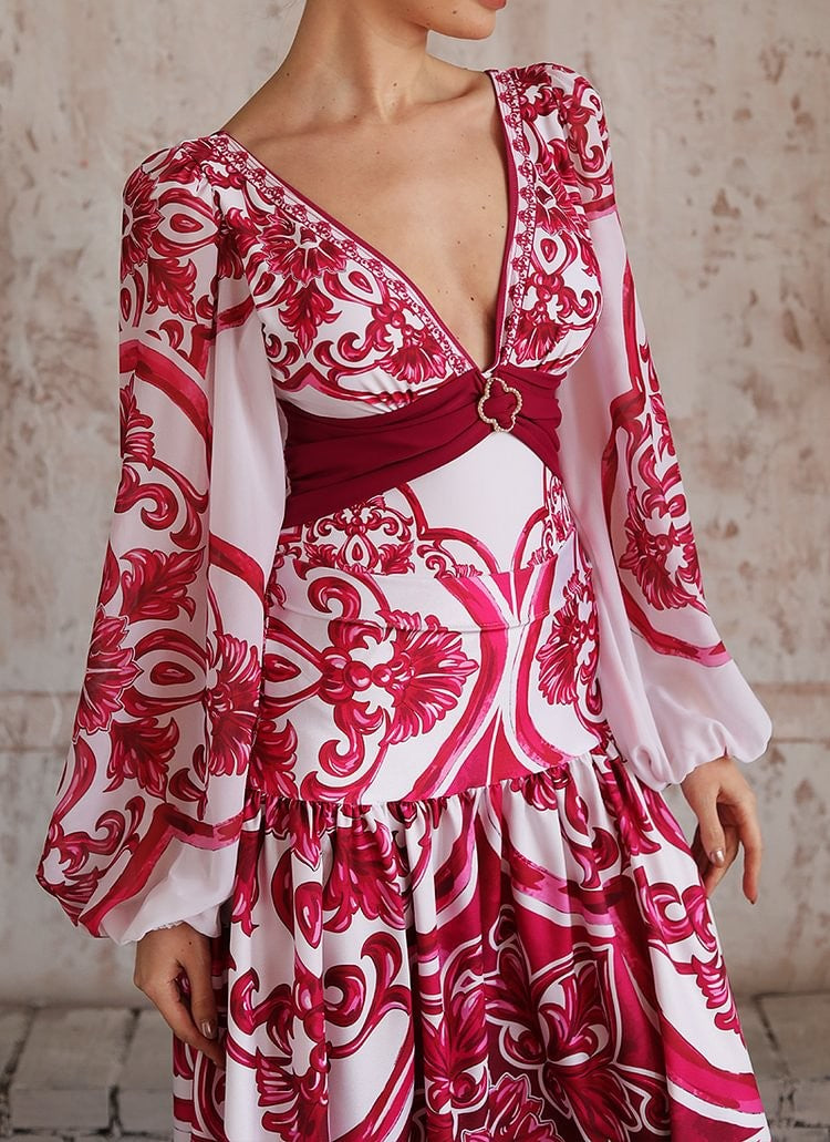 Flaxmaker Classic Women Sexy Bikini Sets Long Sleeves Majolica Series Pattern Print One Piece Swimsuit Skirt Biquini Beachwear