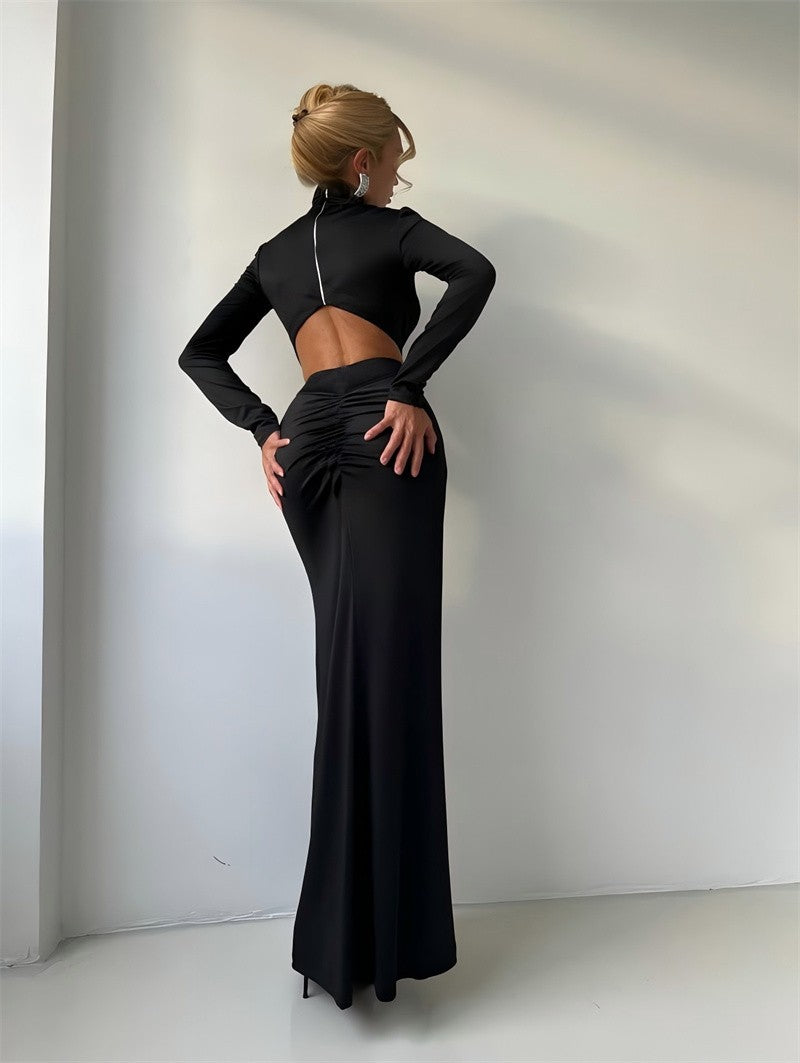Mozision Turtleneck Backless Sexy Maxi Dress Women Gown Autumn Winter Elegant Long Sleeve Thigh High Split Club Party Long Dress