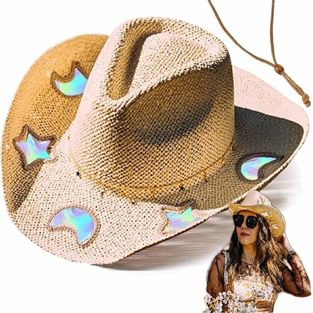 Straw Beach Sun Hat for Women Shapeable Cowgirl Hat Vintage Summer Woven Sun Hat for Music Festival Party Beach