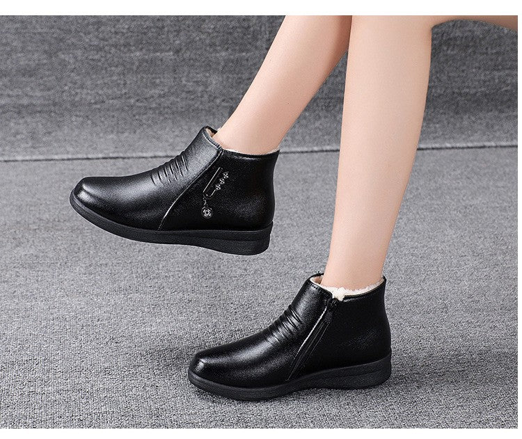 Leather Boots 2024 New Winter Middle-aged Flat Bottom Shoes for Women Soft Bottom Non-slip Wool Warm Cotton Shoes Women Boots
