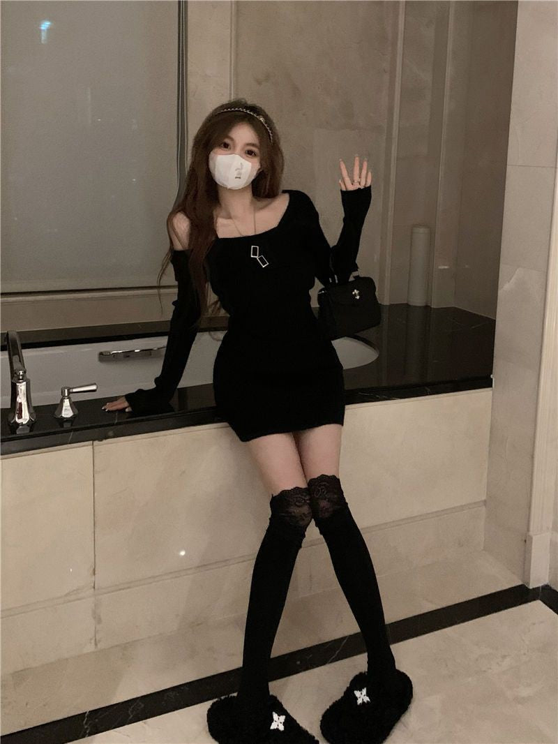MEXZT Y2K Knitted Mini Dress Women Streetwear Sexy Off Shoulder Sweater A Line Dresses Christmas Party Korean Bodycon Vestidos