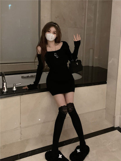 MEXZT Y2K Knitted Mini Dress Women Streetwear Sexy Off Shoulder Sweater A Line Dresses Christmas Party Korean Bodycon Vestidos