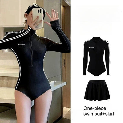 Long Sleeve Swimsuit Women Full Body Wetsuit Front Zip One Piece Bathing Suit with Built in Bra for Wakeboarding Diving Vacation