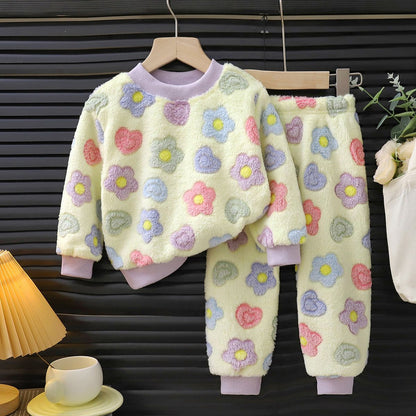 Autumn Winter Sleepwear Flannel Pajamas For Girls Boys Long Sleeve Tops+Pants Suits Fashion Home Clothing Baby Kid Sleep Costume