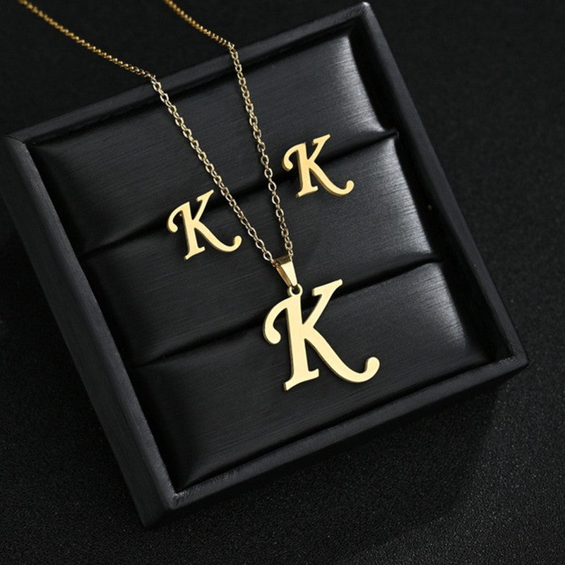 Conjunto Feminino de Colar e Brincos de Aço Inoxidável com Letra Inicial do Alfabeto A-Z - Joias Personalizadas de 26 Letras Inglesas - Presente