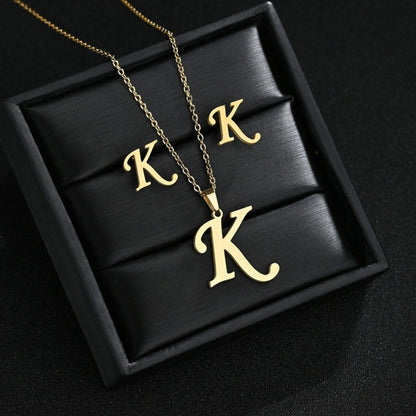 Conjunto Feminino de Colar e Brincos de Aço Inoxidável com Letra Inicial do Alfabeto A-Z - Joias Personalizadas de 26 Letras Inglesas - Presente