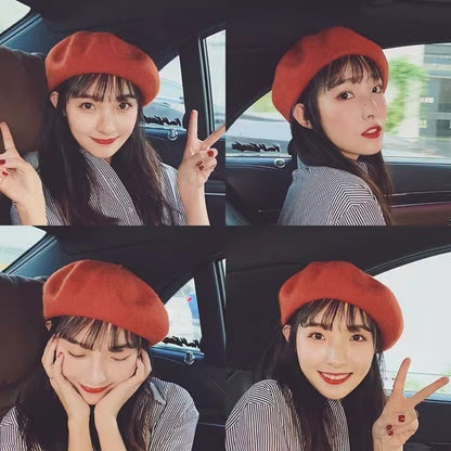 Boina Nuvem Feminina Confortável de Lã Pelúcia Quente Estilo Britânico Chapéu Gorro Cor Sólida Elástico Boina Feminina