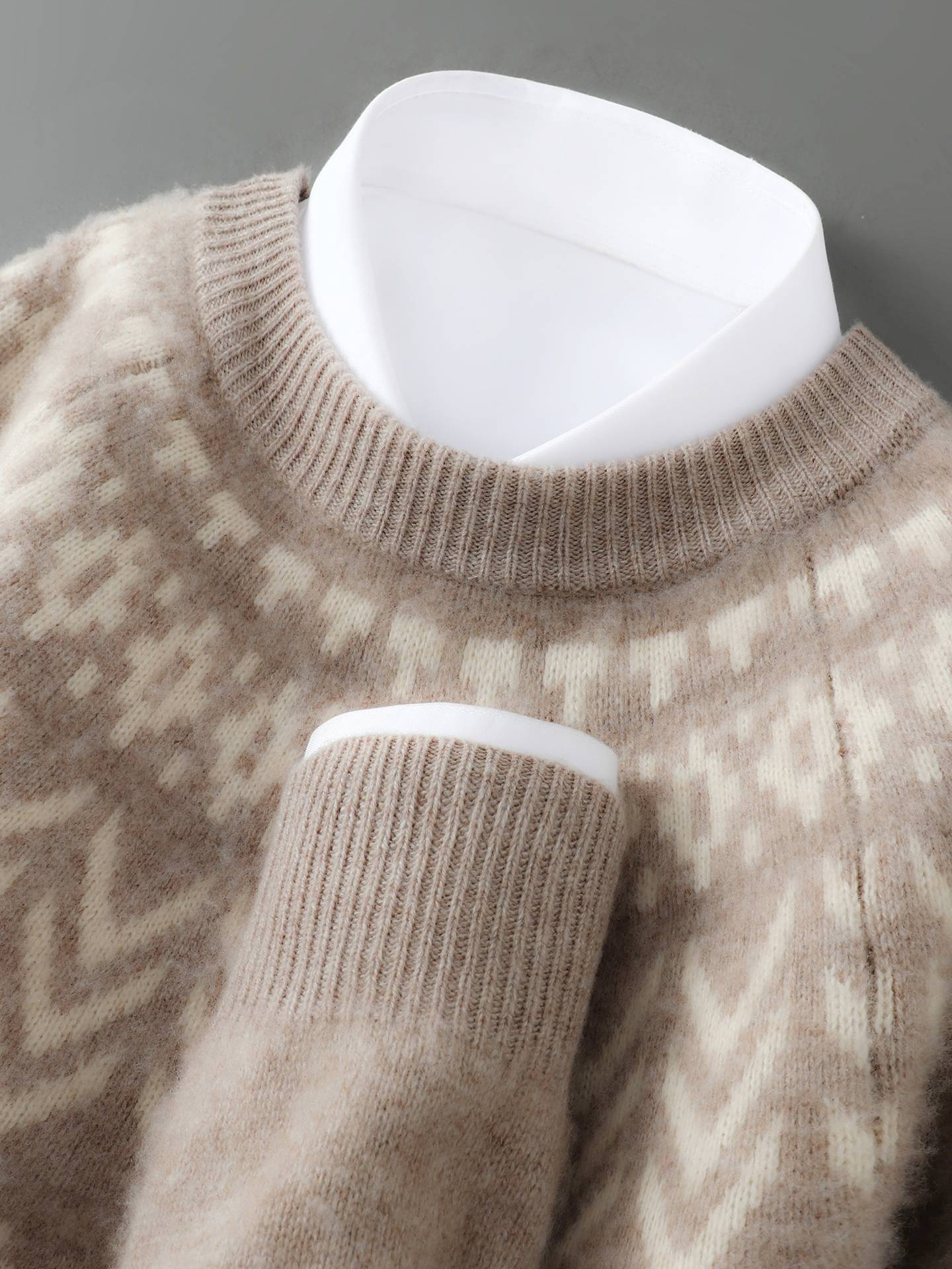 Men's 100% Merino Wool Pullover Sweater O-neck Fair Isle Jacquard Loose Casual Knitwear Long Sleeve Cashmere Tops Autumn Winter