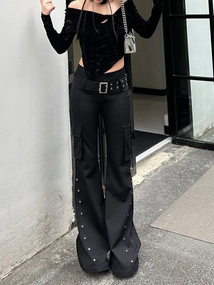 Retro new pure black rivet design belt decorative slim pants for women y2k Harajuku Goth low-waisted flared pants