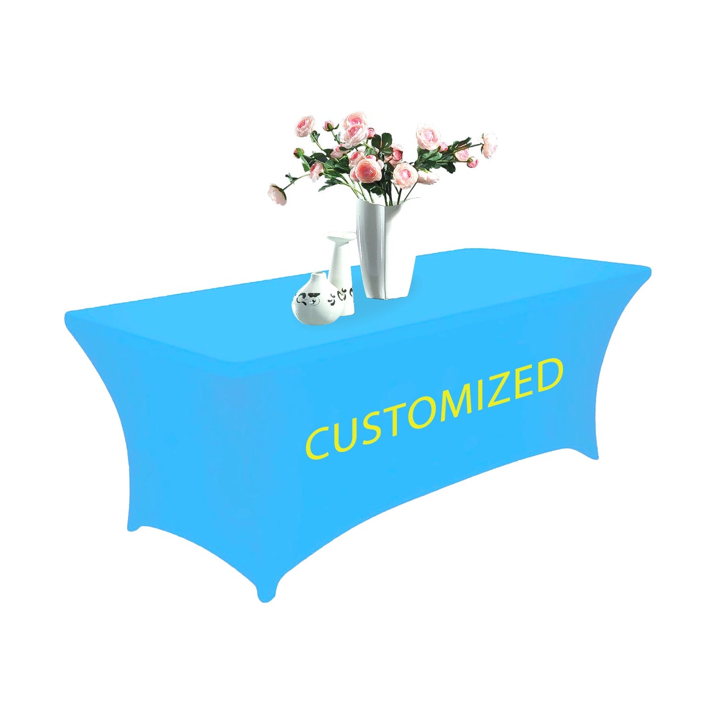 Hot Selling 6ft Trade Show Polyester Tablecloths Waterproof Fitted Stretch Spandex Table Cover Custom Printed Logo for Banquets