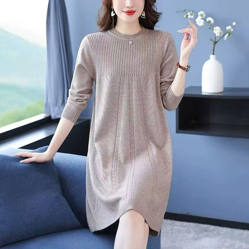 Women's Clothing Elegant All-match Solid Knit Dresses Autumn Winter New Casual Loose Long Sleeve Knee-Length Sweater Pullovers