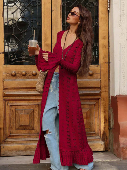 Hollow Breasted Sweater Long Dress Women Summer Party Dresses Cover Up Elegant S