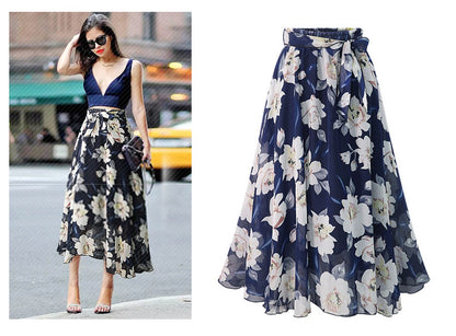 Plus Size Print Floral Skirt Women 2024 Summer Loose Elastic High Waist Chiffon Midi Skirts Lace Up Bow L-5XL Swing Jupe Femme