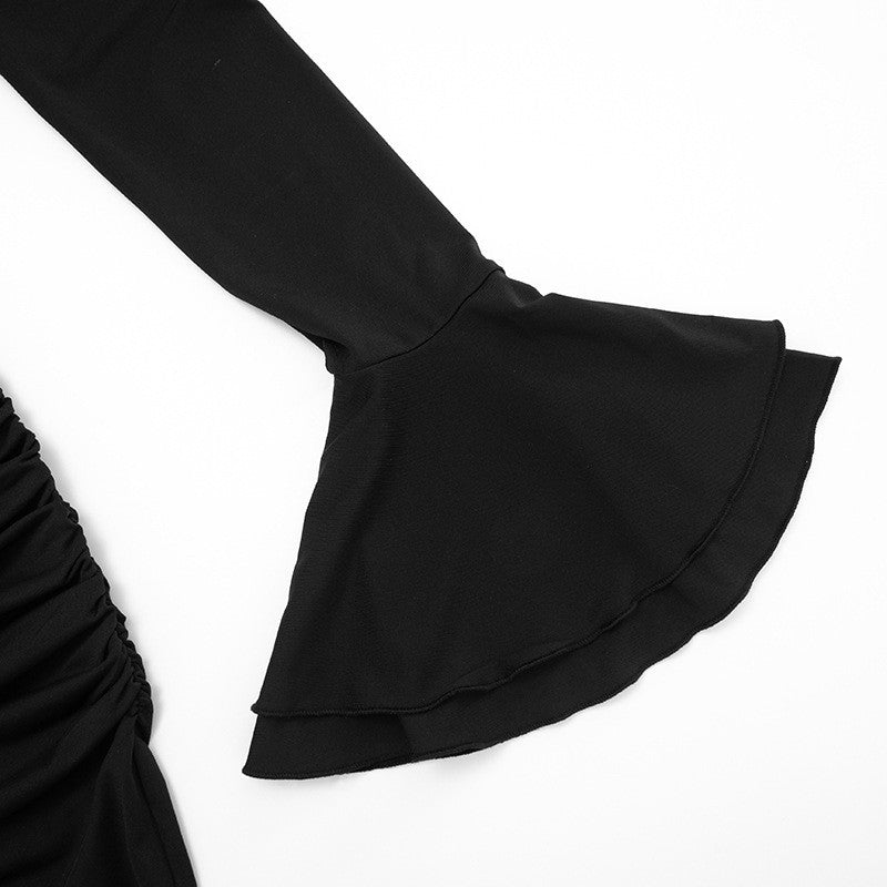 Women Flared-Sleeve Bodycon Pleated Dresses Fashion O-Neck Solid High-Waisted Slim Party Dress Evening Female Mini Dress 2025